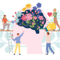 Illustration of teamwork people filling a brain with beautiful flowers and good heart and positive thinking. 